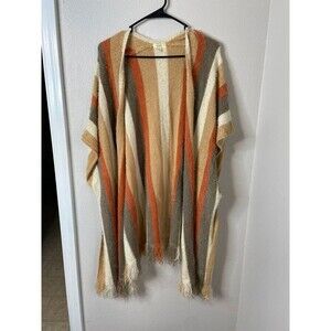 Kori America Striped Fringe Open Front Poncho Cardigan Rust Taupe M/L